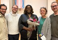 Alumna Cee Adamson (center) with School of Music alumni (left to right) Daren Weissfich, Katrina Turman, and Timothy Little Tran at STANCE choir's June concert. Also pictured: Incoming graduate student Patrick Hunninghake (Photo: Joanne DePue).  Alumna Cee Adamson (center) with School of Music alumni (left to right) Daren Weissfich, Katrina Turman, and Timothy Little Tran at STANCE choir's June concert (Photo: Joanne DePue).